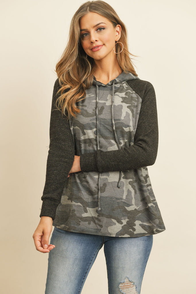 Self Tie Rib Hacci Brushed Sleeve Camouflage Hoodie