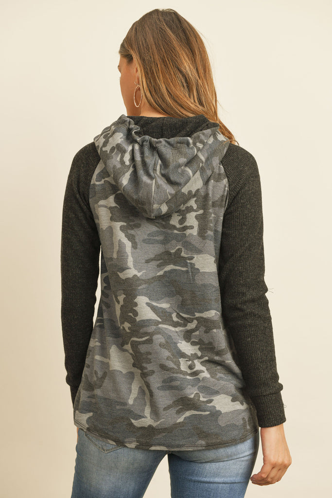 Self Tie Rib Hacci Brushed Sleeve Camouflage Hoodie