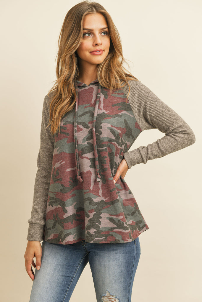 Self Tie Rib Hacci Brushed Sleeve Camouflage Hoodie