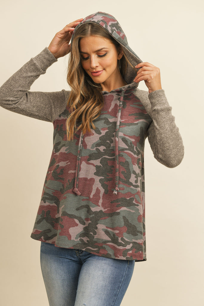 Self Tie Rib Hacci Brushed Sleeve Camouflage Hoodie