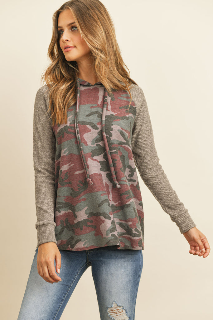Self Tie Rib Hacci Brushed Sleeve Camouflage Hoodie