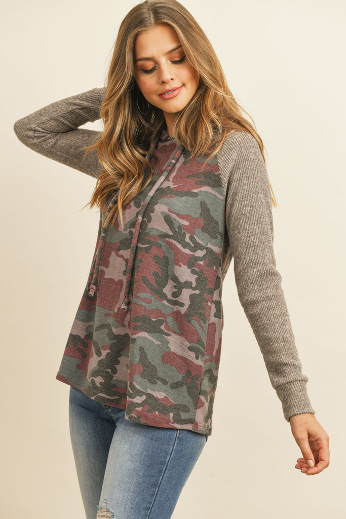 Self Tie Rib Hacci Brushed Sleeve Camouflage Hoodie