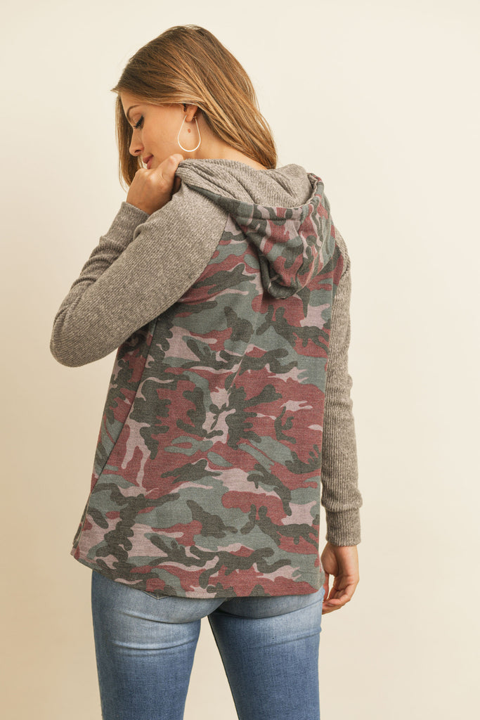 Self Tie Rib Hacci Brushed Sleeve Camouflage Hoodie
