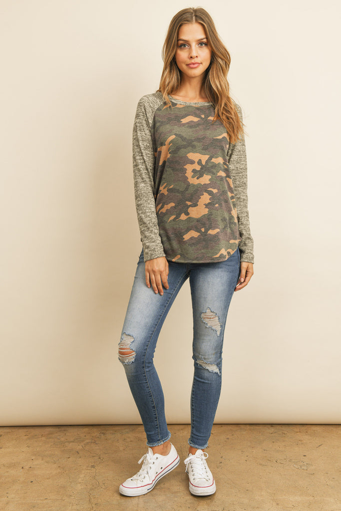 Two Toned Brushed Sleeved Contrast Leopard Top