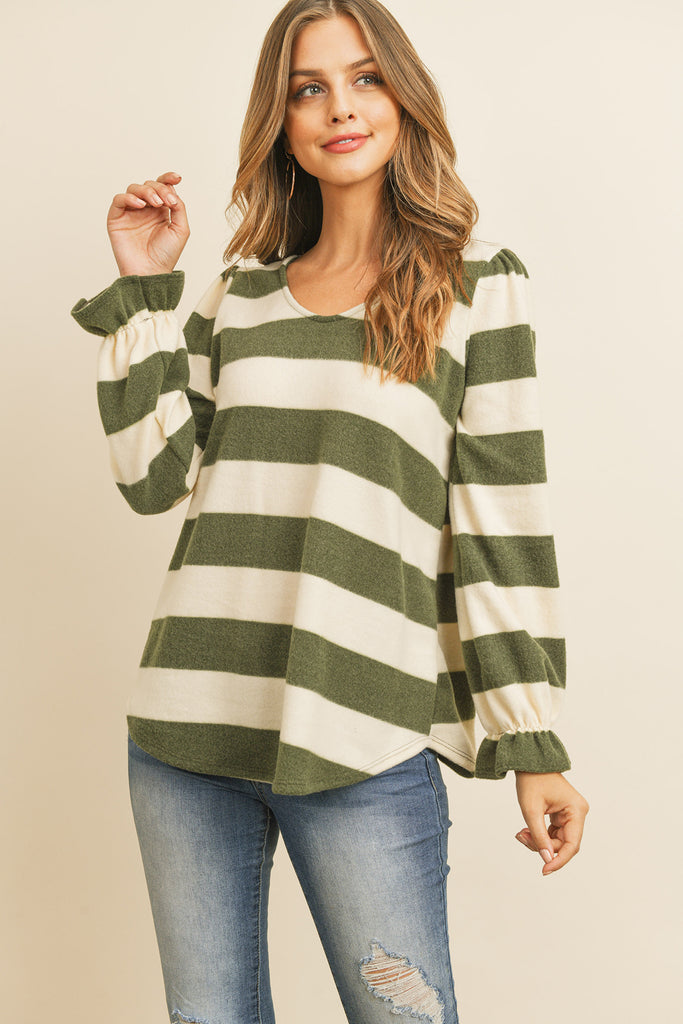 Stripes Ruffle Sleeved Round Hem Hacci Top