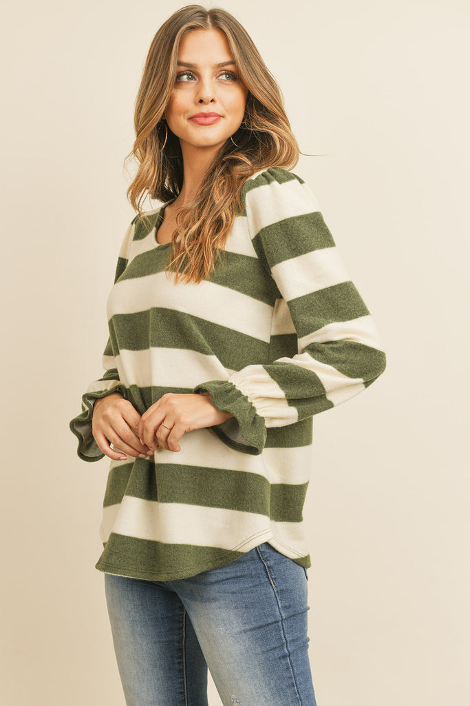Stripes Ruffle Sleeved Round Hem Hacci Top
