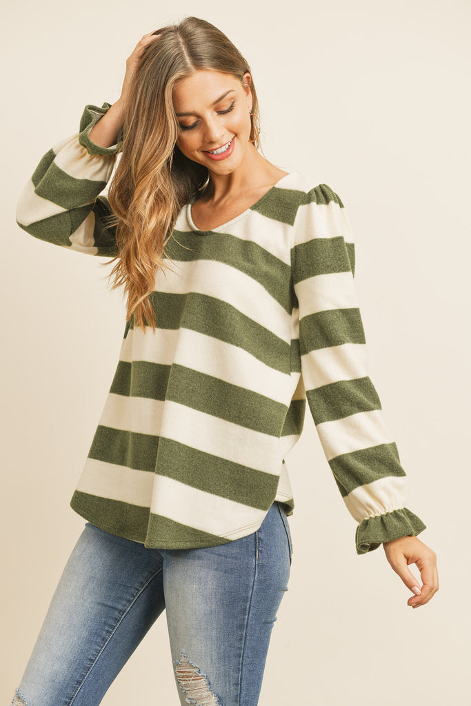 Stripes Ruffle Sleeved Round Hem Hacci Top