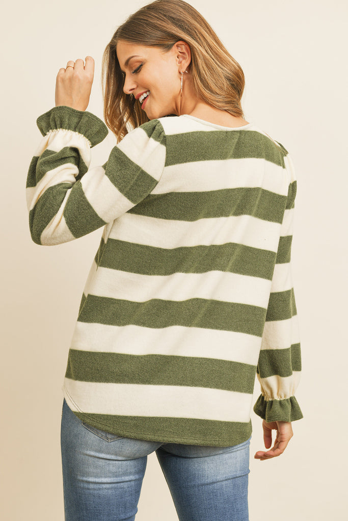 Stripes Ruffle Sleeved Round Hem Hacci Top