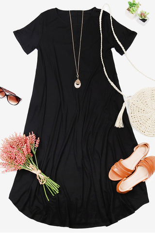 Short Sleeve Viscose Round Neck Pocket Dress