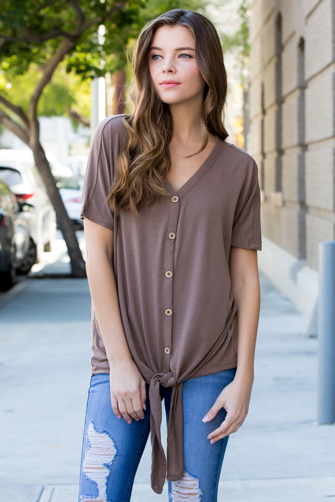 Short Sleeved Button-down Tie Front Top