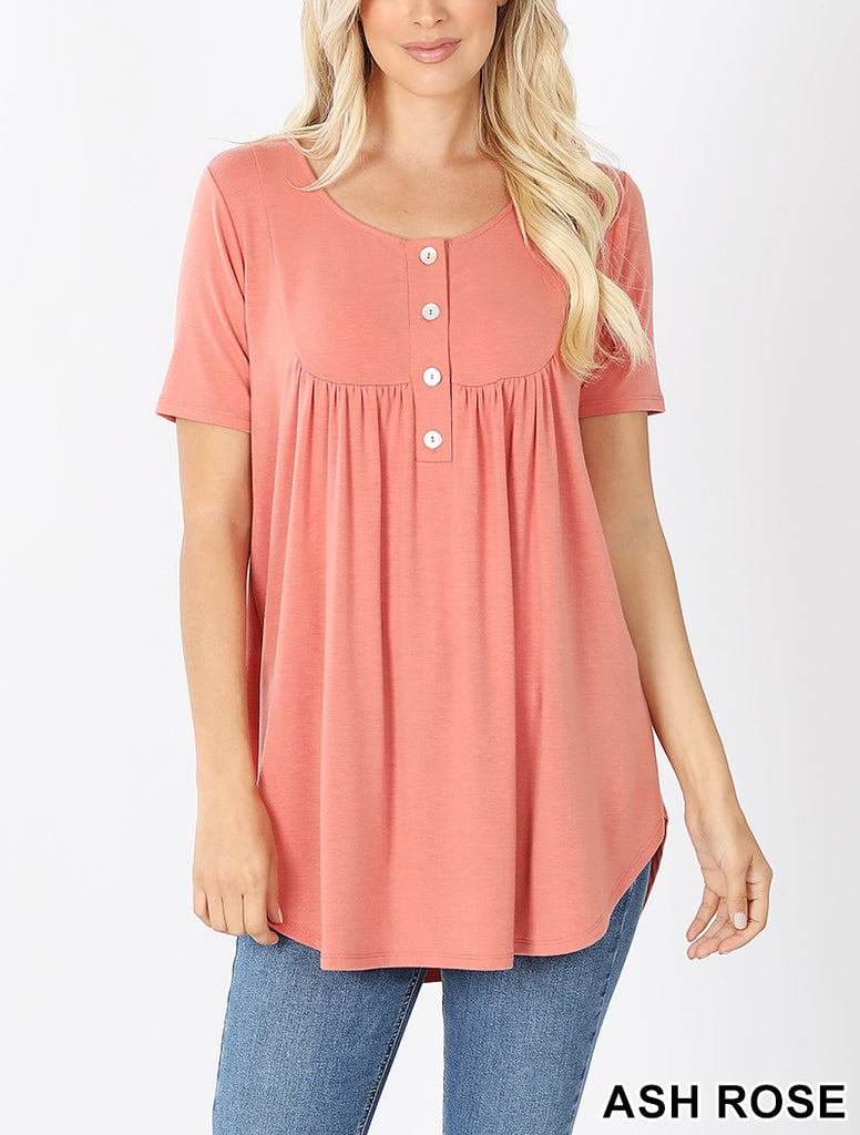 Short Sleeve Dolphin Hem Shell Button Top