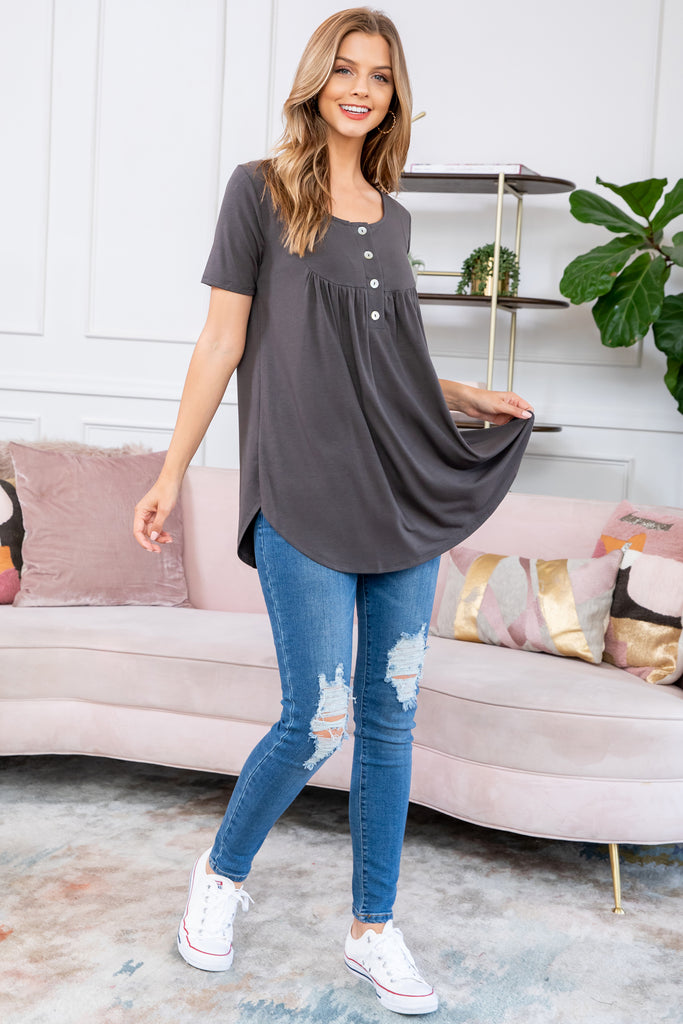 Short Sleeve Dolphin Hem Shell Button Top