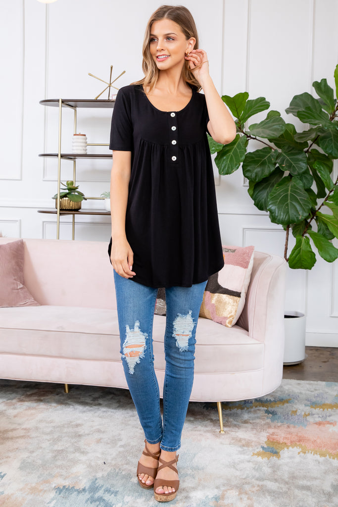 Short Sleeve Dolphin Hem Shell Button Top