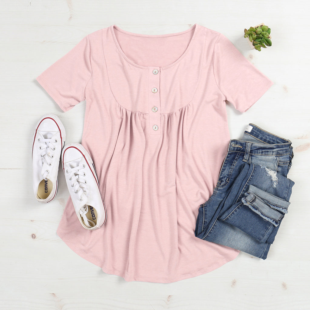 Short Sleeve Dolphin Hem Shell Button Top