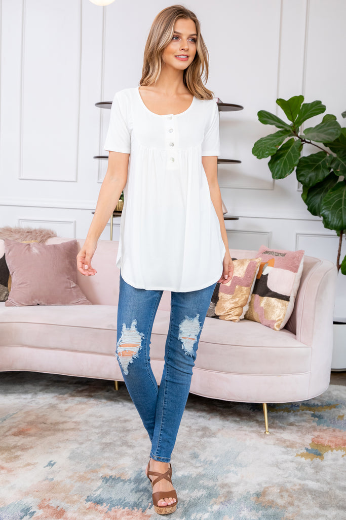 Short Sleeve Dolphin Hem Shell Button Top