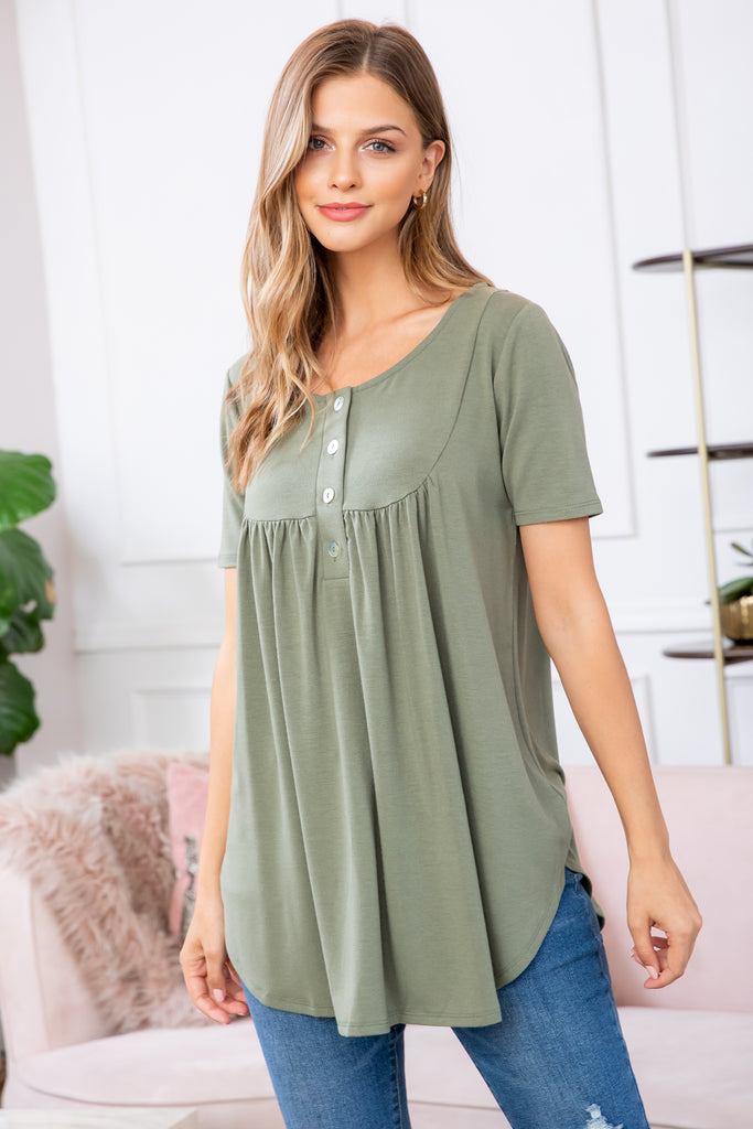 Short Sleeve Dolphin Hem Shell Button Top