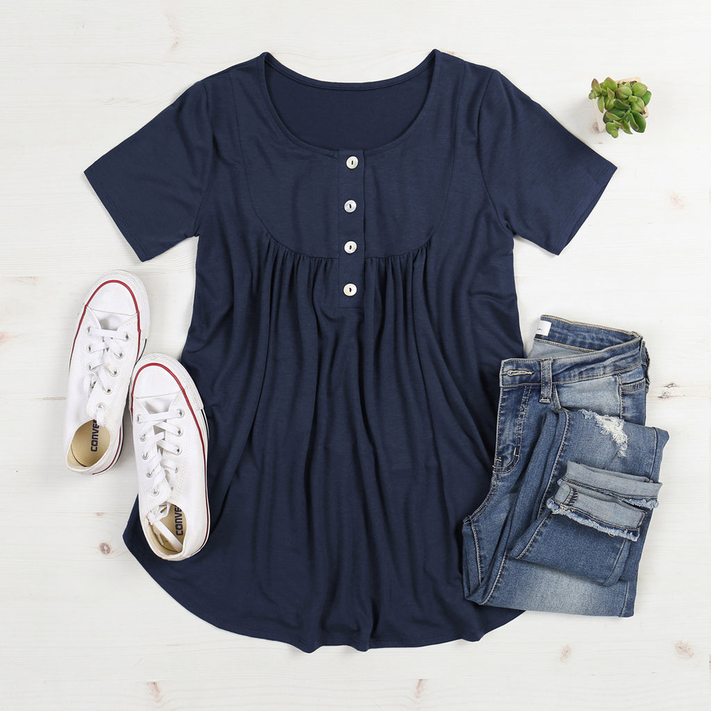 Short Sleeve Dolphin Hem Shell Button Top