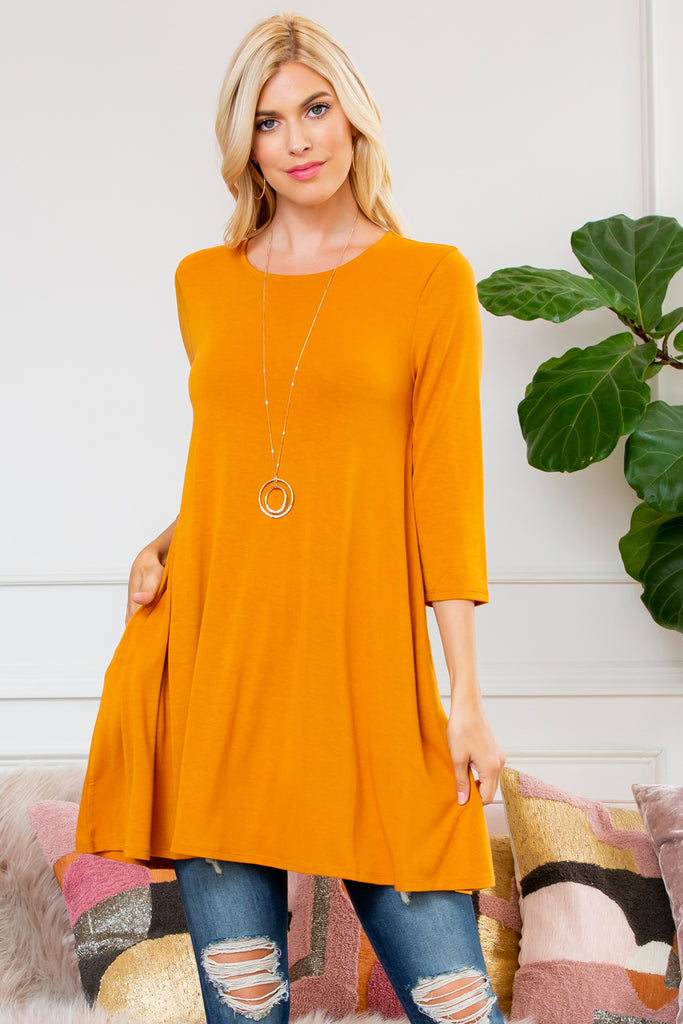 Premium 3/4 Sleeve Swing Pocket Tunic Dress
