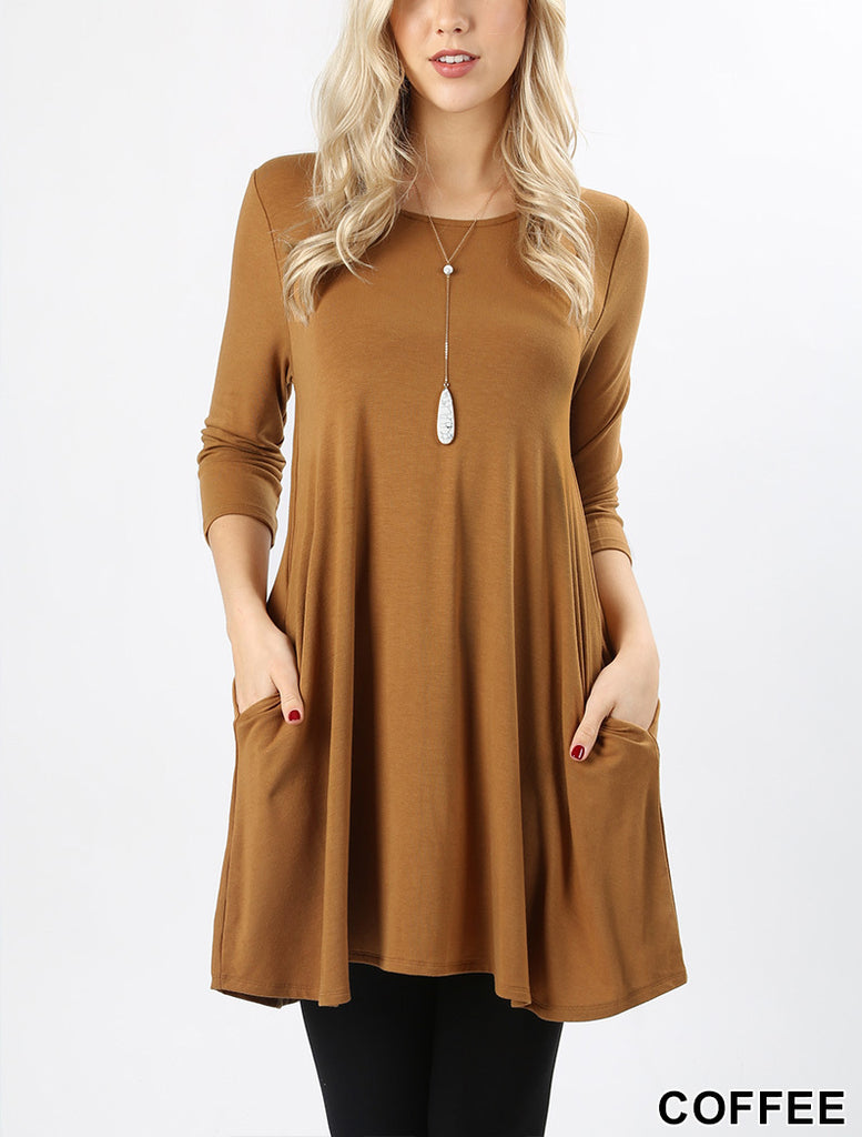 Premium 3/4 Sleeve Swing Pocket Tunic Dress