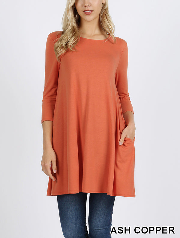 Premium 3/4 Sleeve Swing Pocket Tunic Dress
