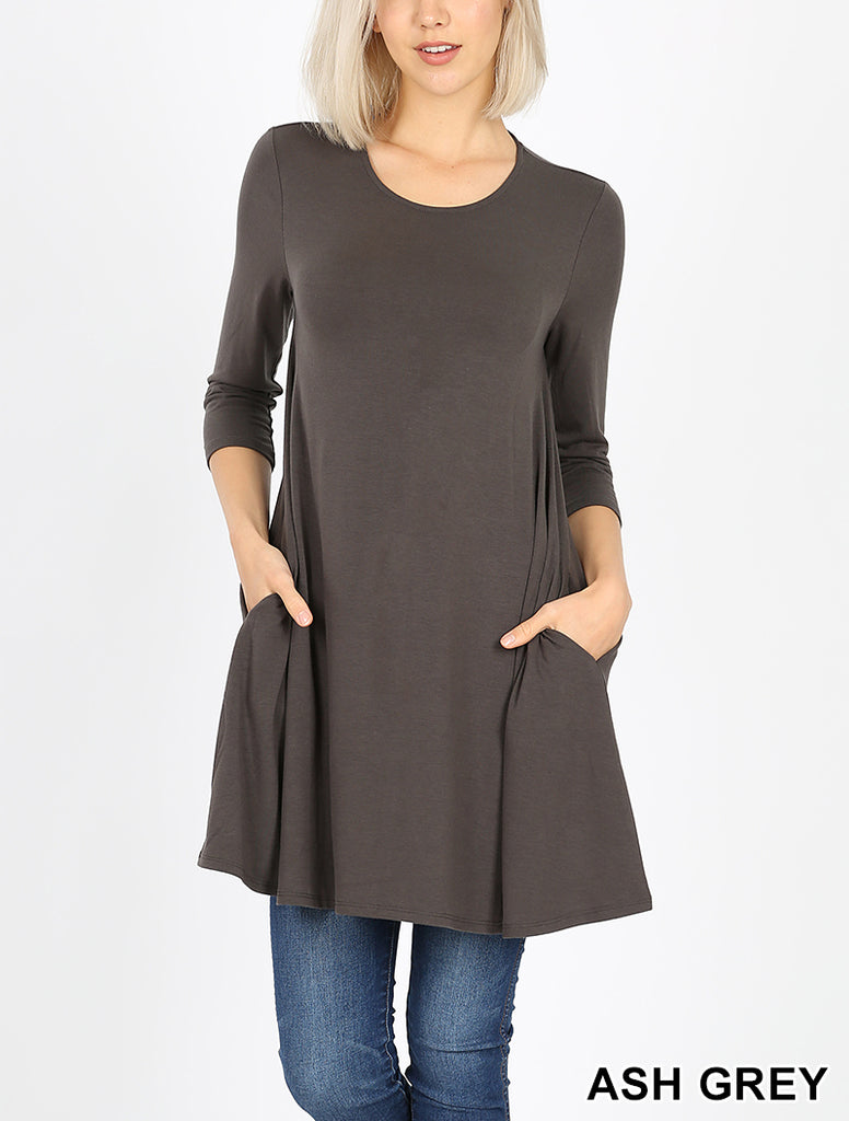 Premium 3/4 Sleeve Swing Pocket Tunic Dress