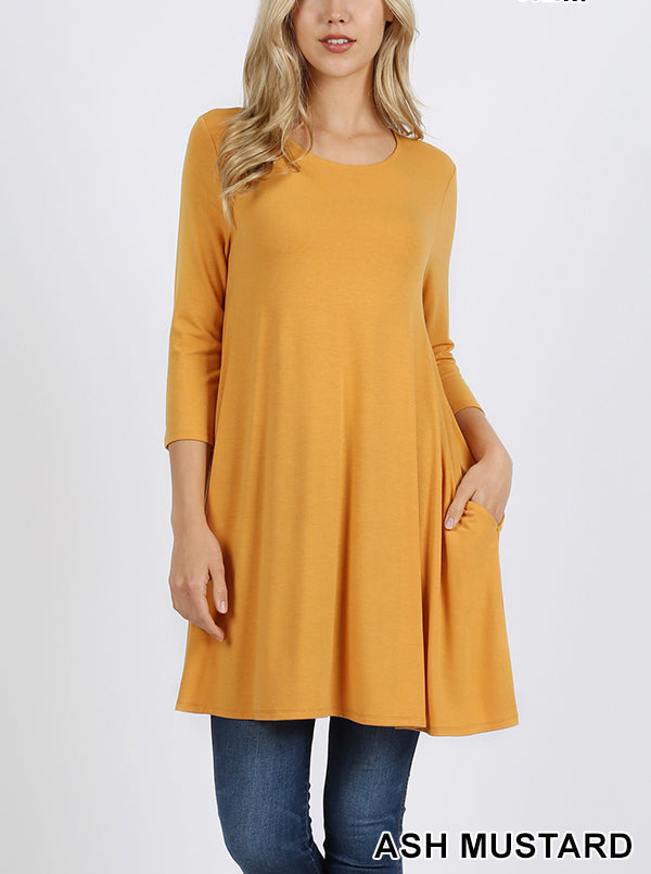 Premium 3/4 Sleeve Swing Pocket Tunic Dress