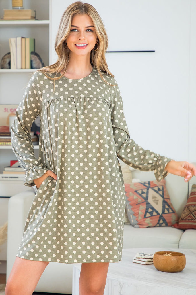 Ruffle Long Sleeve Polka Dot Shirring Detail Dres
