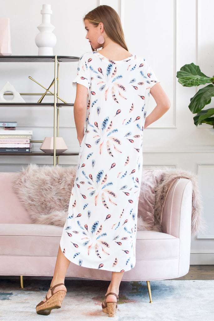 Side Slit Feather Print Maxi Dress