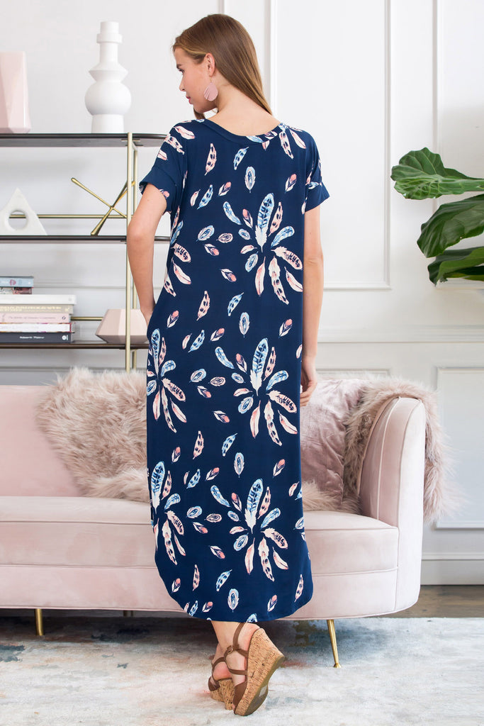 Side Slit Feather Print Maxi Dress