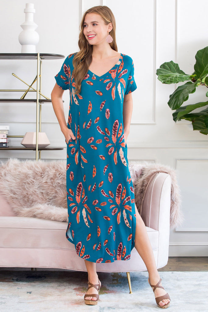 Side Slit Feather Print Maxi Dress