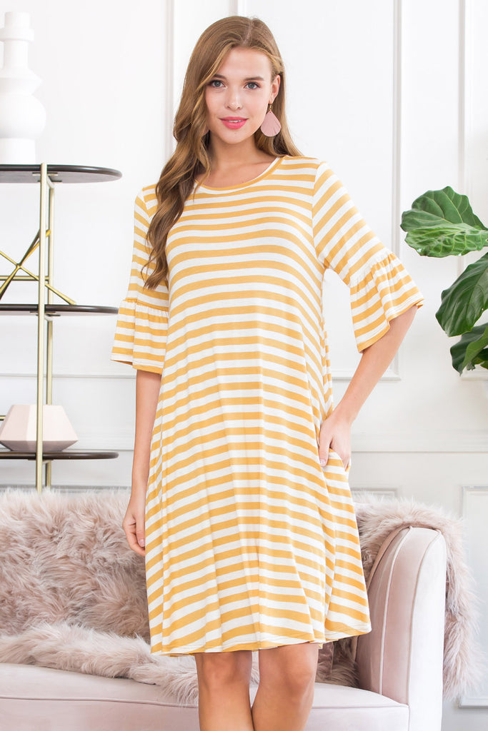 Striped Bell Sleeved Swing Pocket Dress