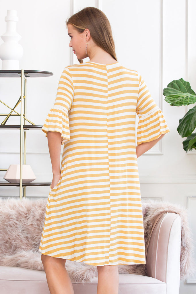 Striped Bell Sleeved Swing Pocket Dress
