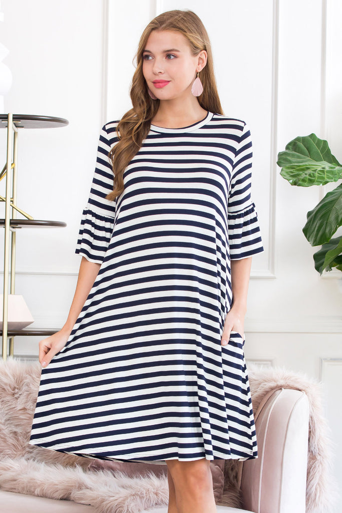 Striped Bell Sleeved Swing Pocket Dress