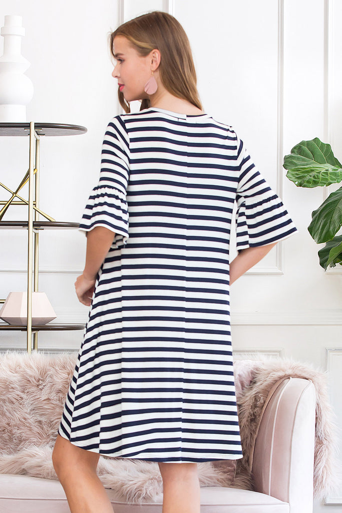 Striped Bell Sleeved Swing Pocket Dress