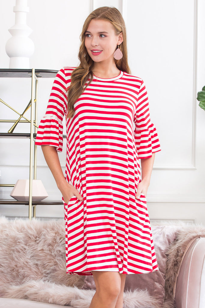 Striped Bell Sleeved Swing Pocket Dress