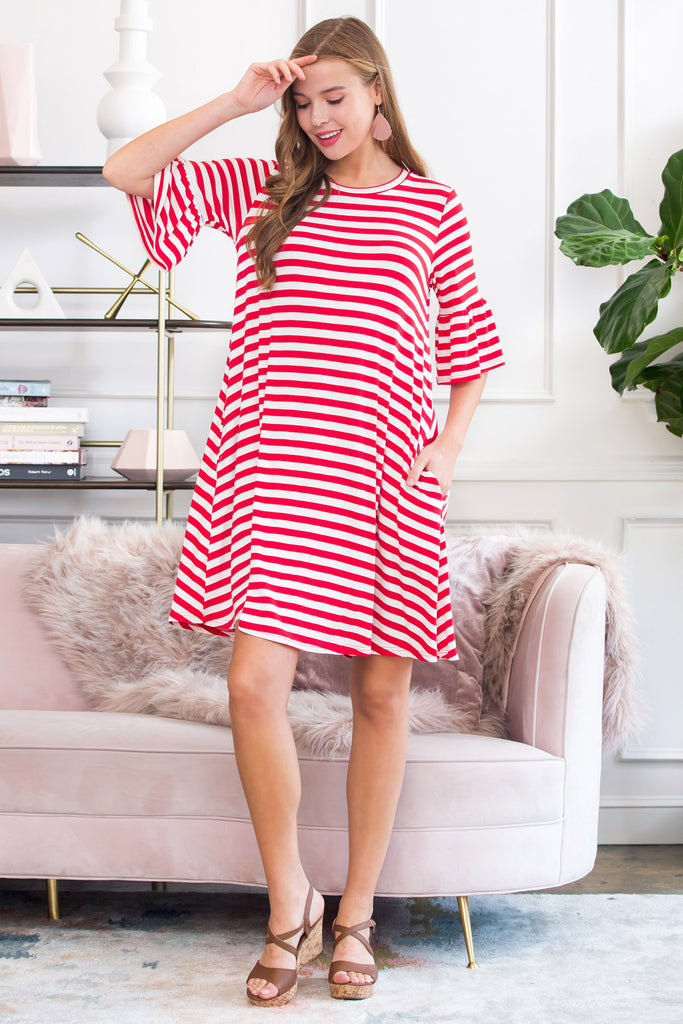 Striped Bell Sleeved Swing Pocket Dress