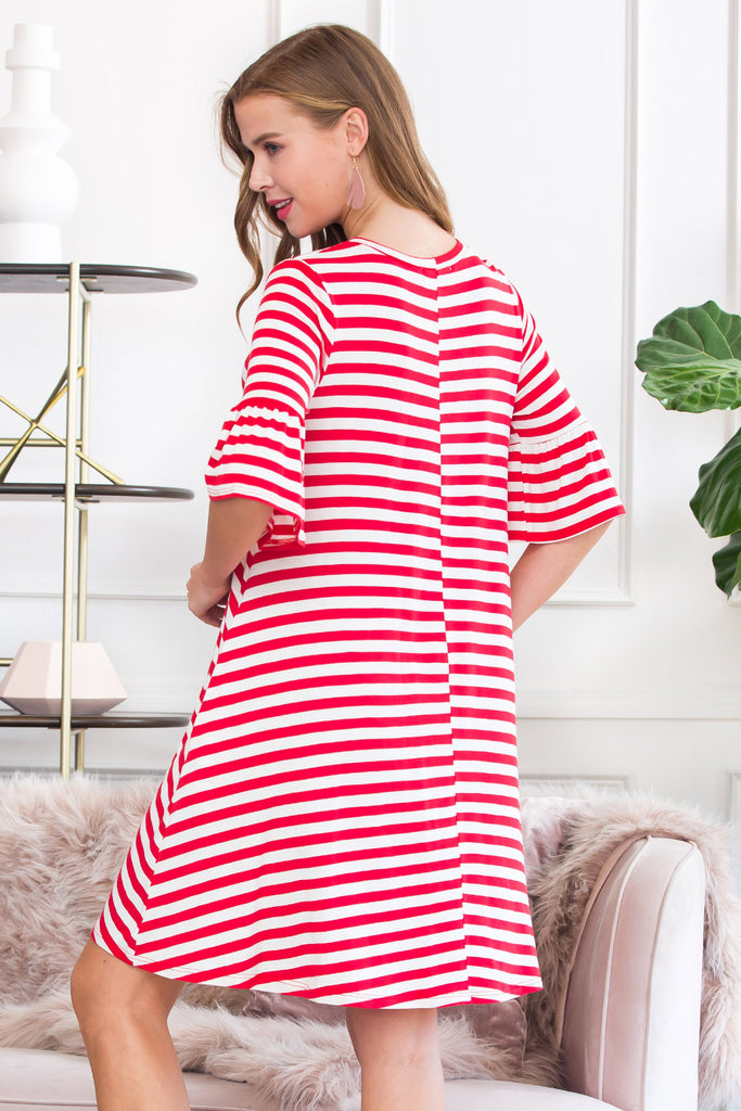 Striped Bell Sleeved Swing Pocket Dress