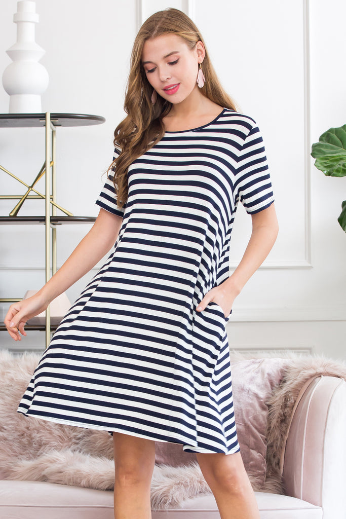 Short Sleeved Striped Pocket Dress