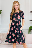 Short Sleeved Floral Empire Waist Midi Pocket Dress