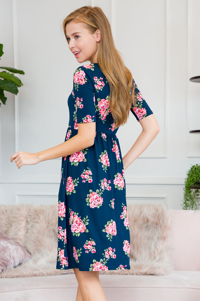 Short Sleeved Floral Empire Waist Midi Pocket Dress