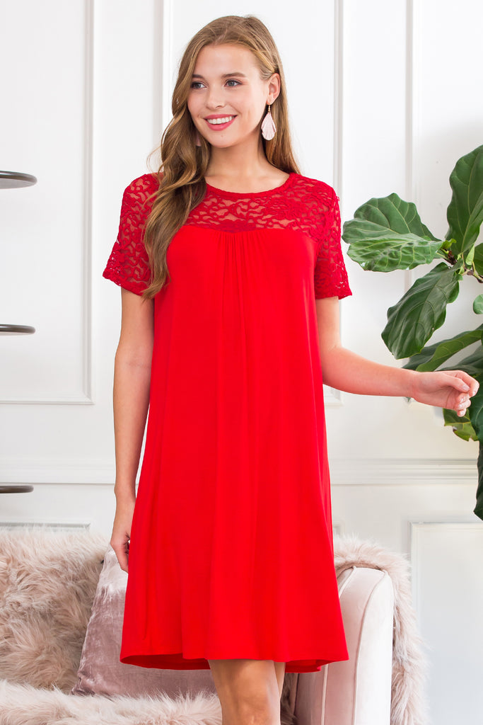 Short Sleeve Pleated Lace Detail Dress