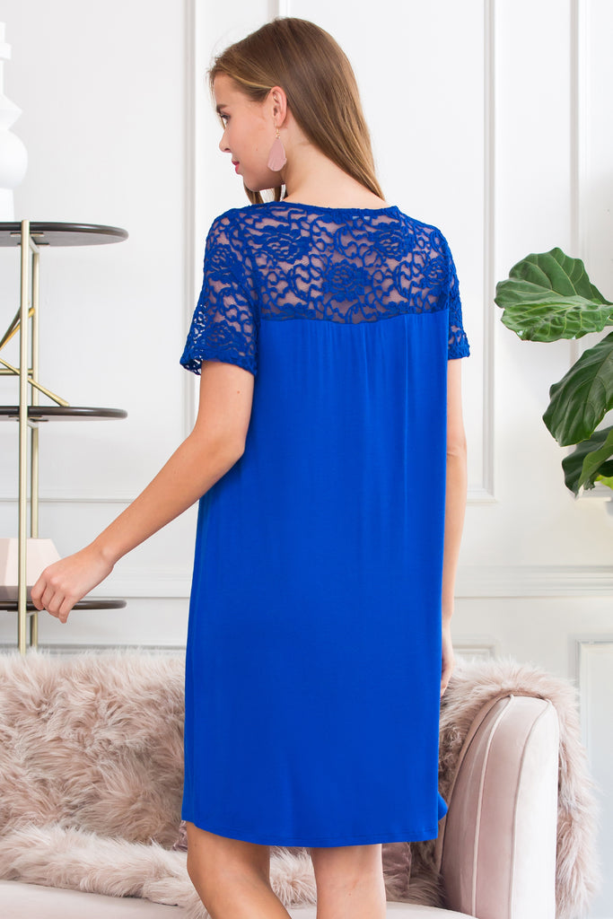 Short Sleeve Pleated Lace Detail Dress