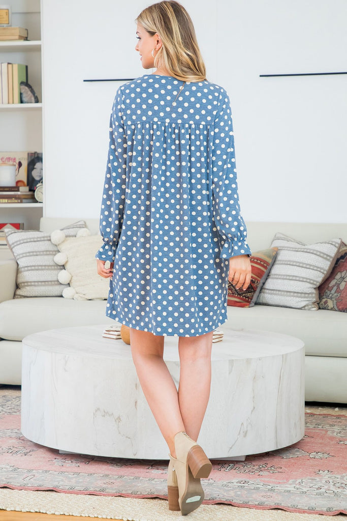 Ruffle Long Sleeve Polka Dot Shirring Detail Dres