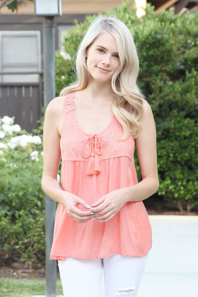 Sleeveless Crochet Strap Tassel Top