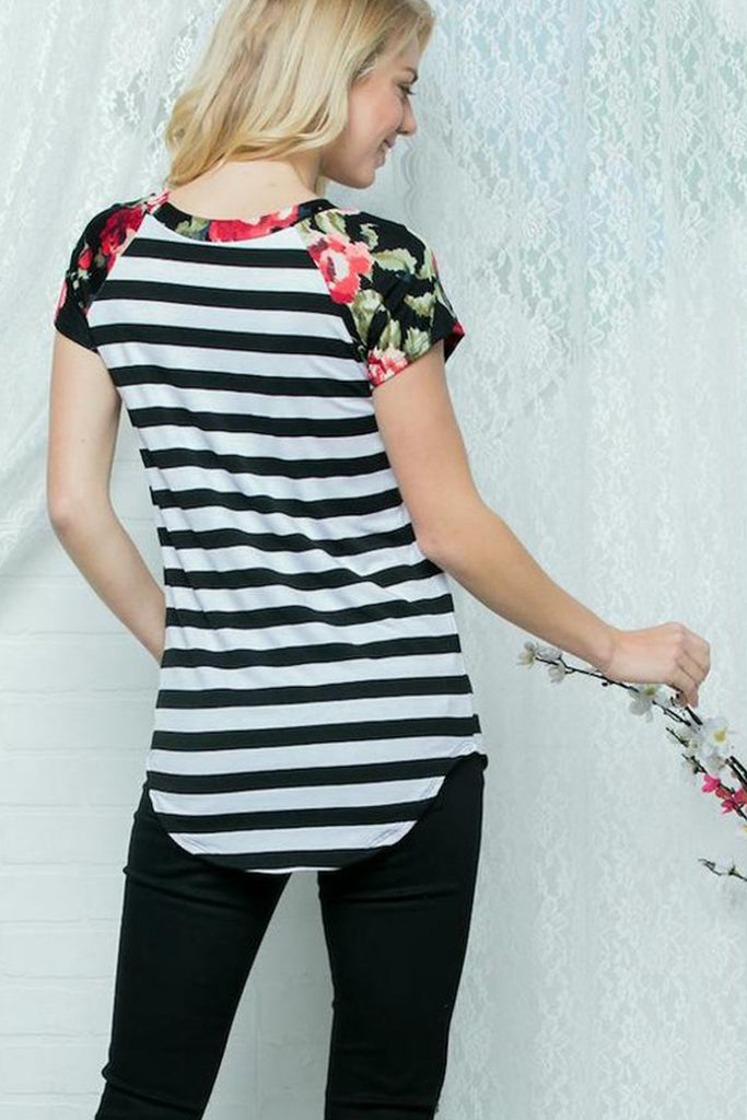 Striped Body Floral Short Sleeves Raglan Top