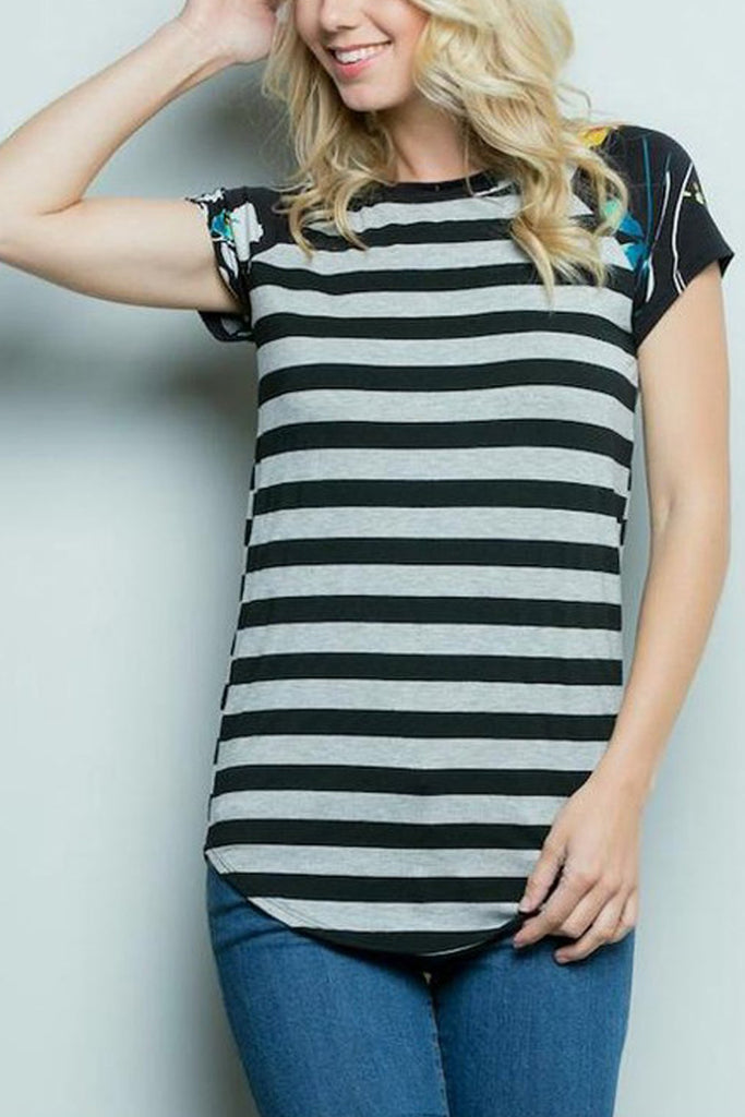 Striped Body Floral Short Sleeves Raglan Top