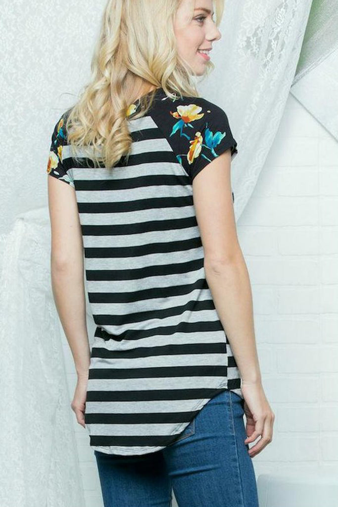 Striped Body Floral Short Sleeves Raglan Top