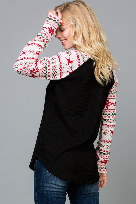 Reindeer Print Raglan Sleeves Top