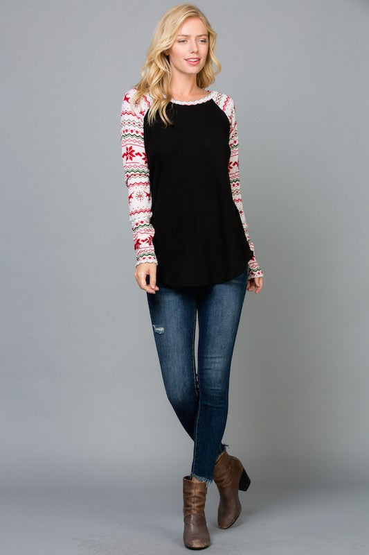 Reindeer Print Raglan Sleeves Top