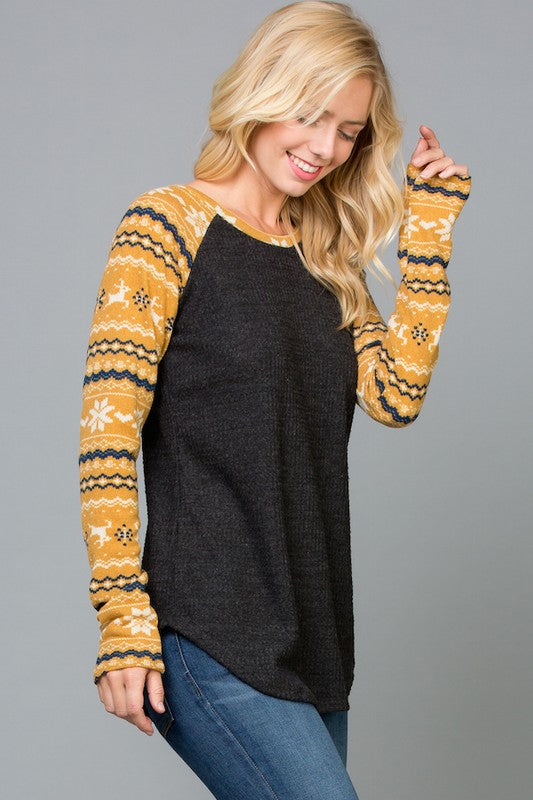Reindeer Print Raglan Sleeves Top